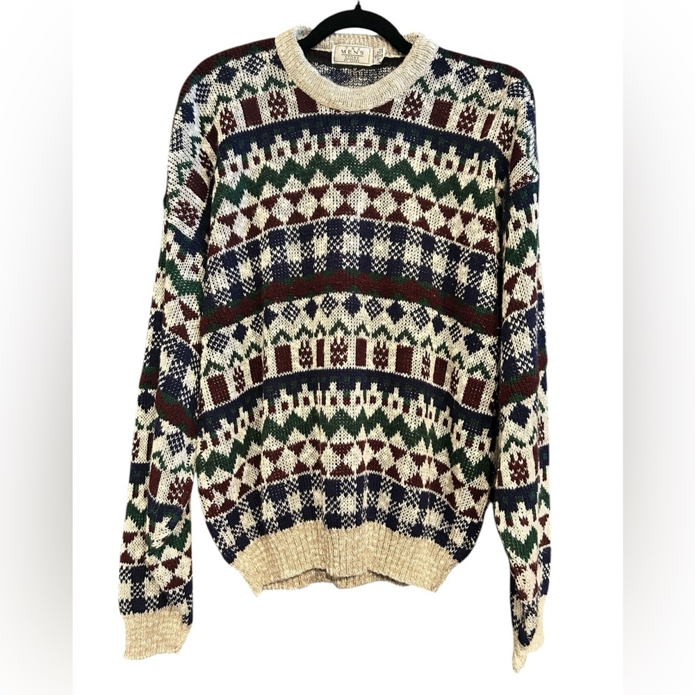 Vintage Sears Men's Graphic Crewneck Sweater - Cream, Green, Blue, Brown